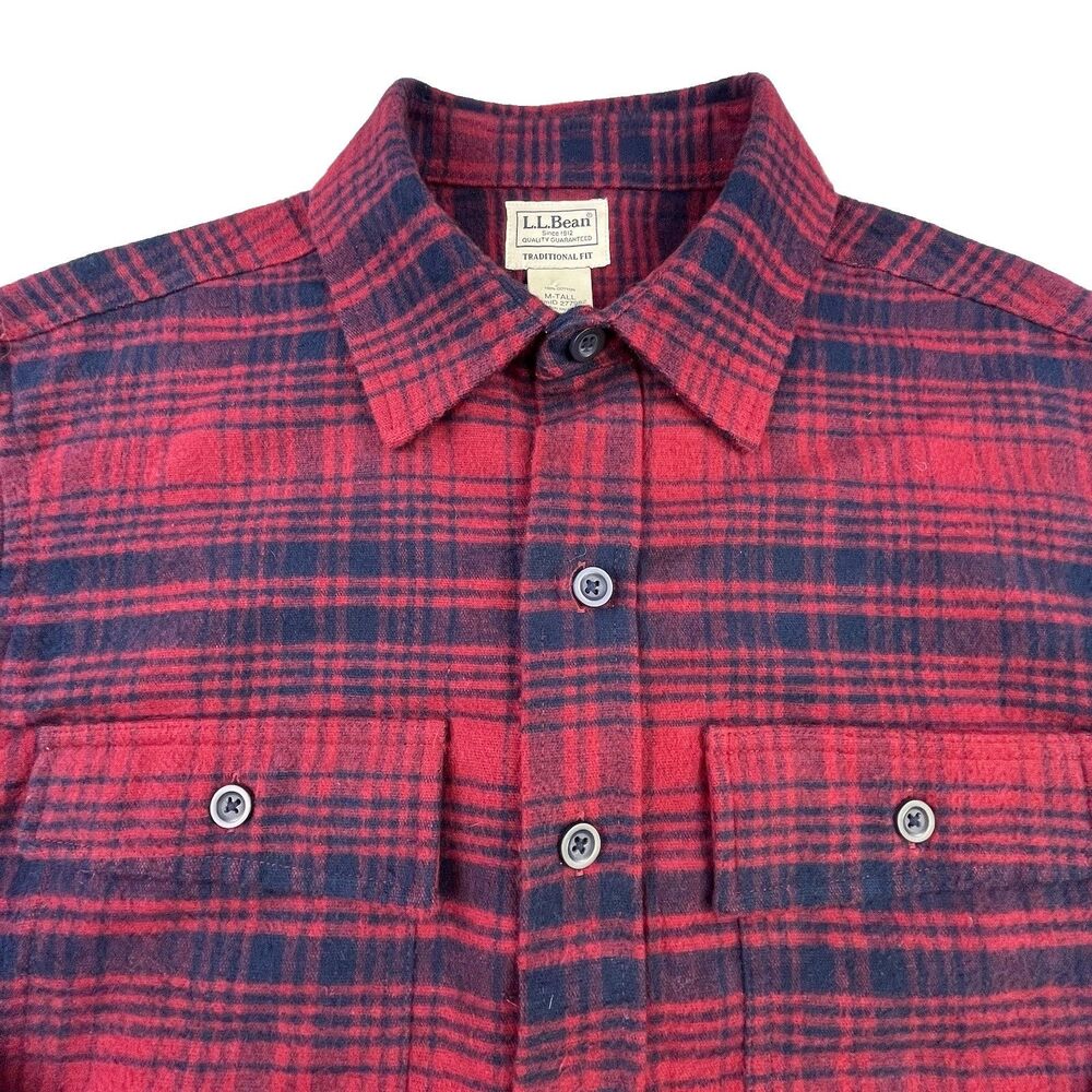 LL Bean Flannel Shirt Mens M Tall Red Blue Plaid Heavyweight Traditional Fit